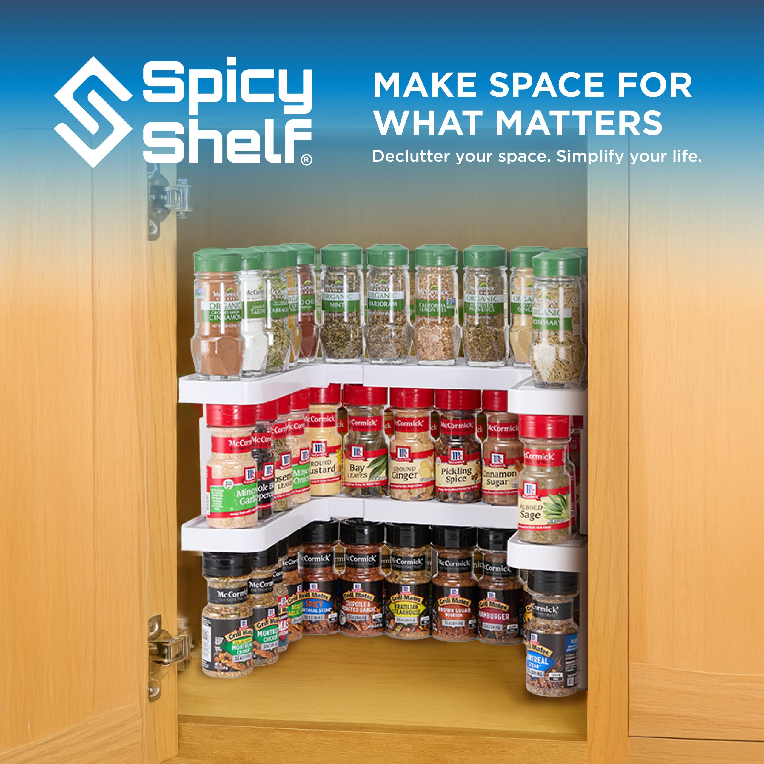 Spicy Shelf label and dimensions sticker highlighting measurements and adjustable range