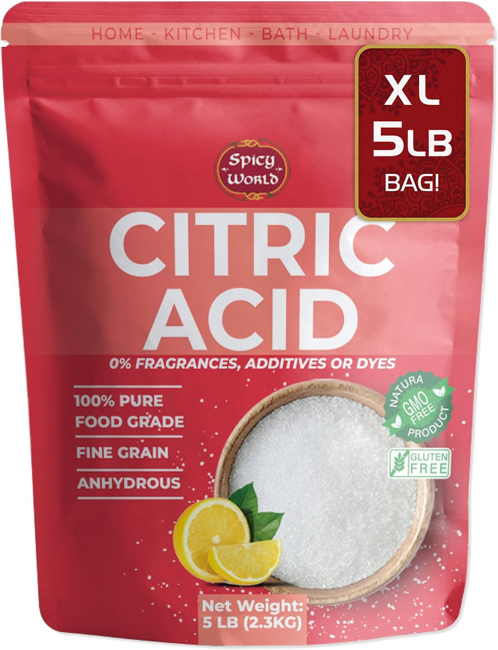 Spicy World front package showing 5 lb food-grade citric acid, ideal for pantry