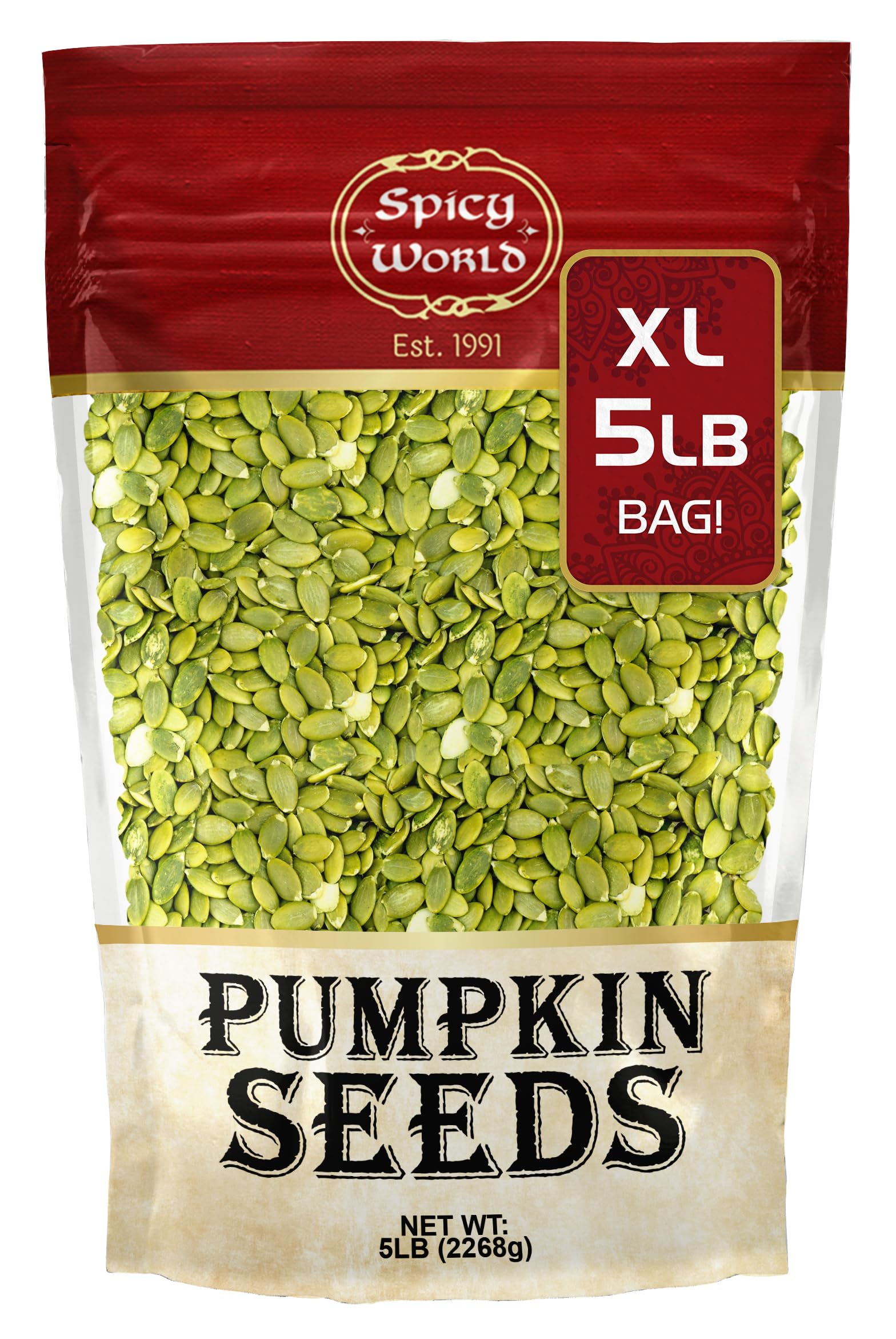 Spicy World front packaging 5 lb bag showing brand and size, convenient bulk supply