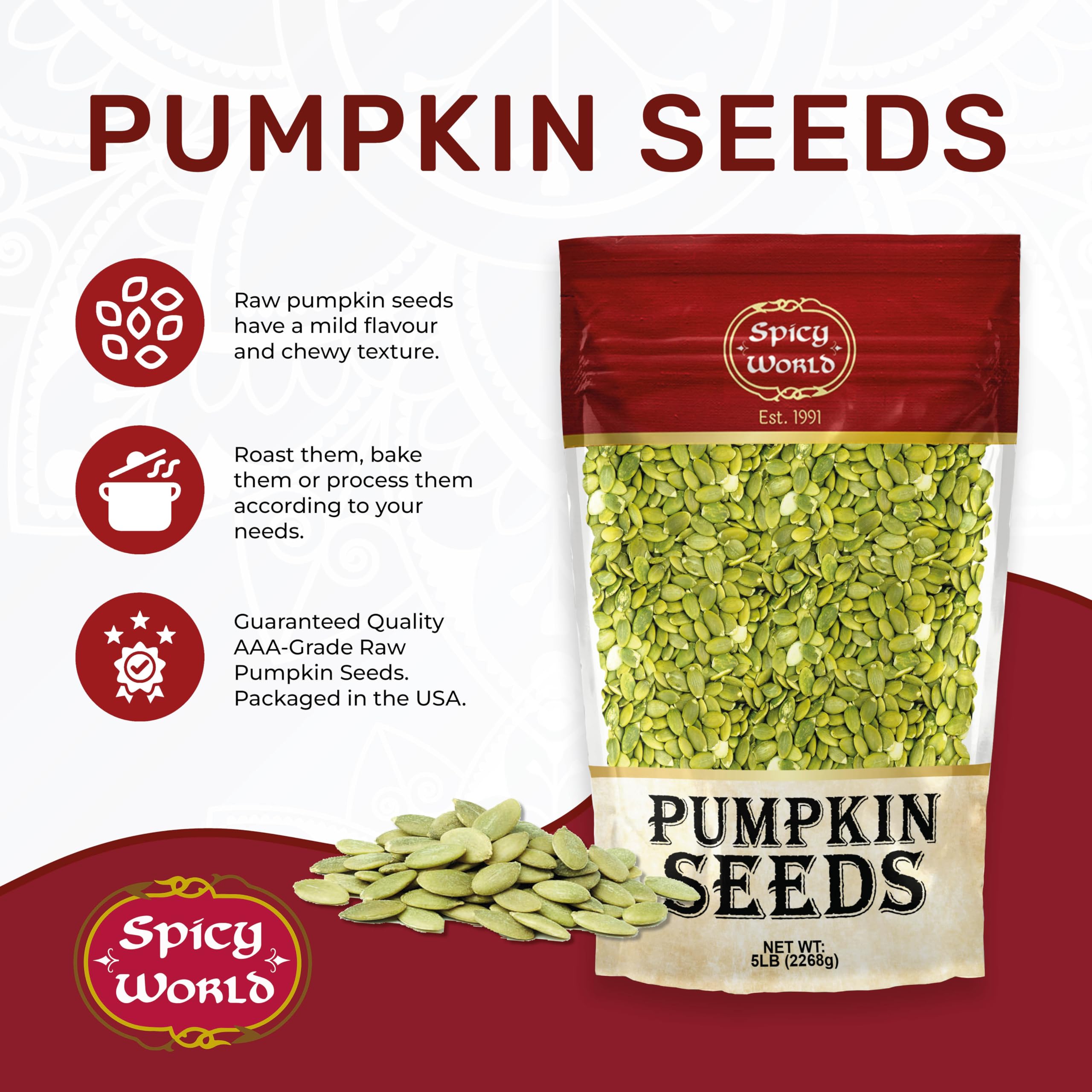 Spicy World close-up of raw pumpkin seed texture, highlights uniform AAA-grade quality