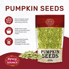 Spicy World close-up of raw pumpkin seed texture, highlights uniform AAA-grade quality