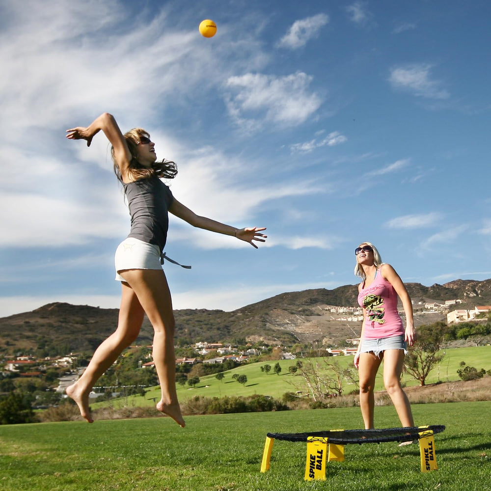 Spikeball family playing in backyard, Spikeball inclusive group entertainment benefit