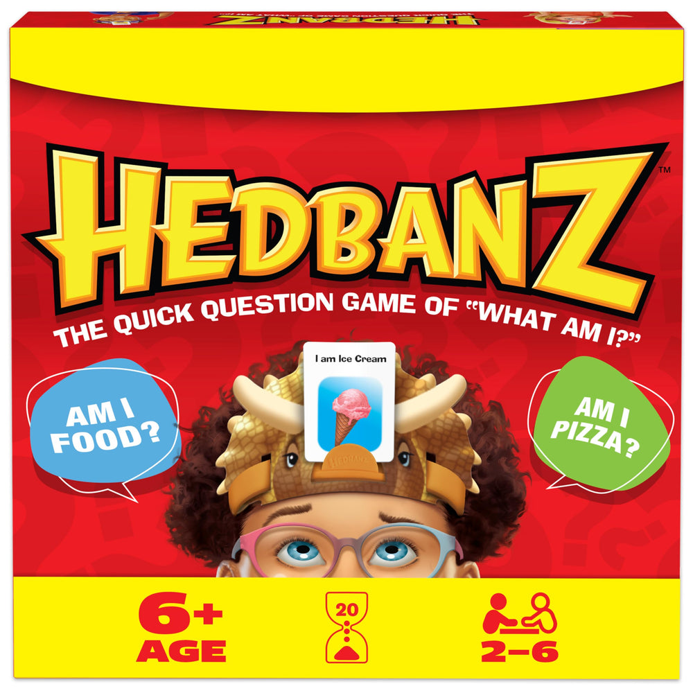 Spin Master Hedbanz front box view showing colorful game packaging and contents