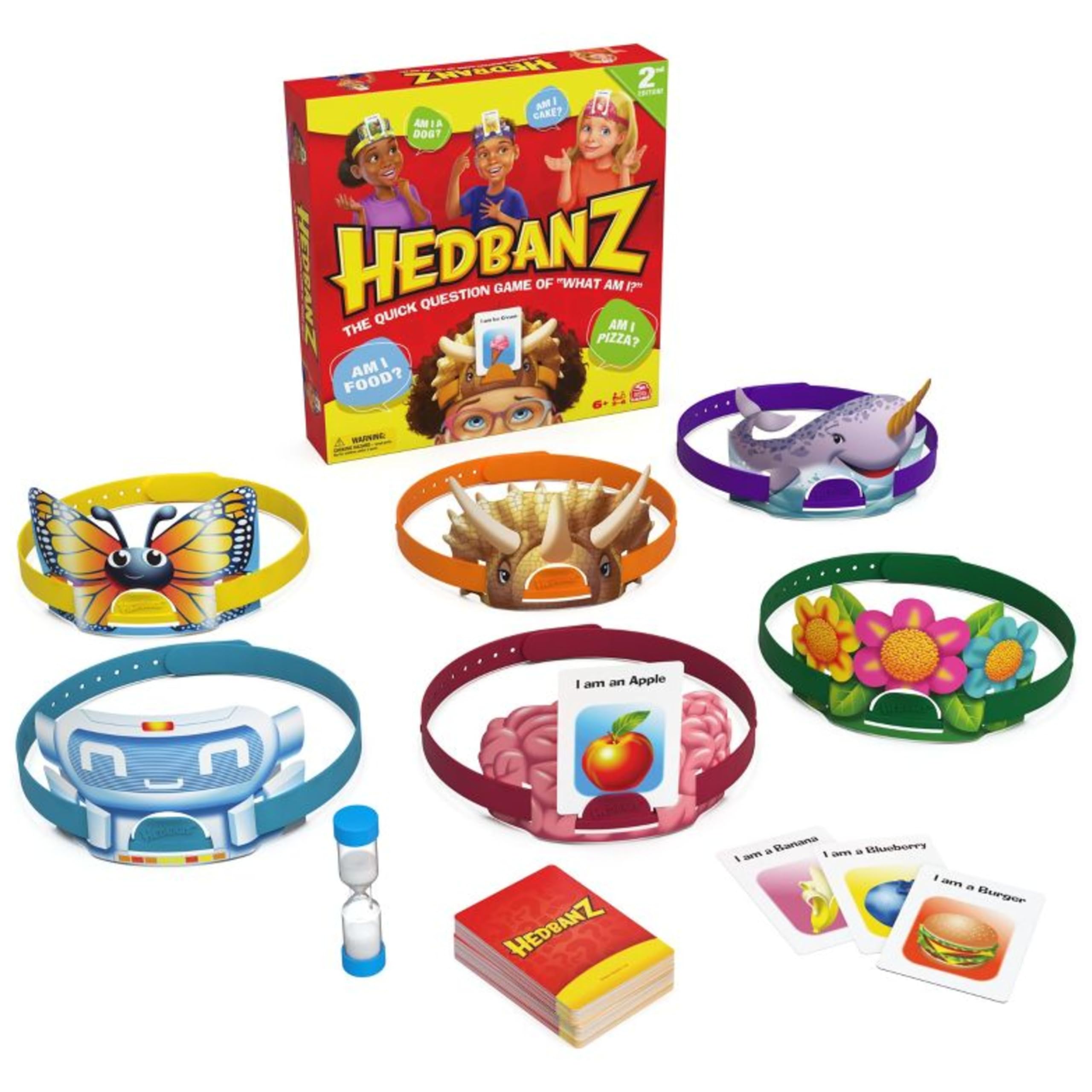 Spin Master Hedbanz rulebook beside game pieces showing compact storage and contents