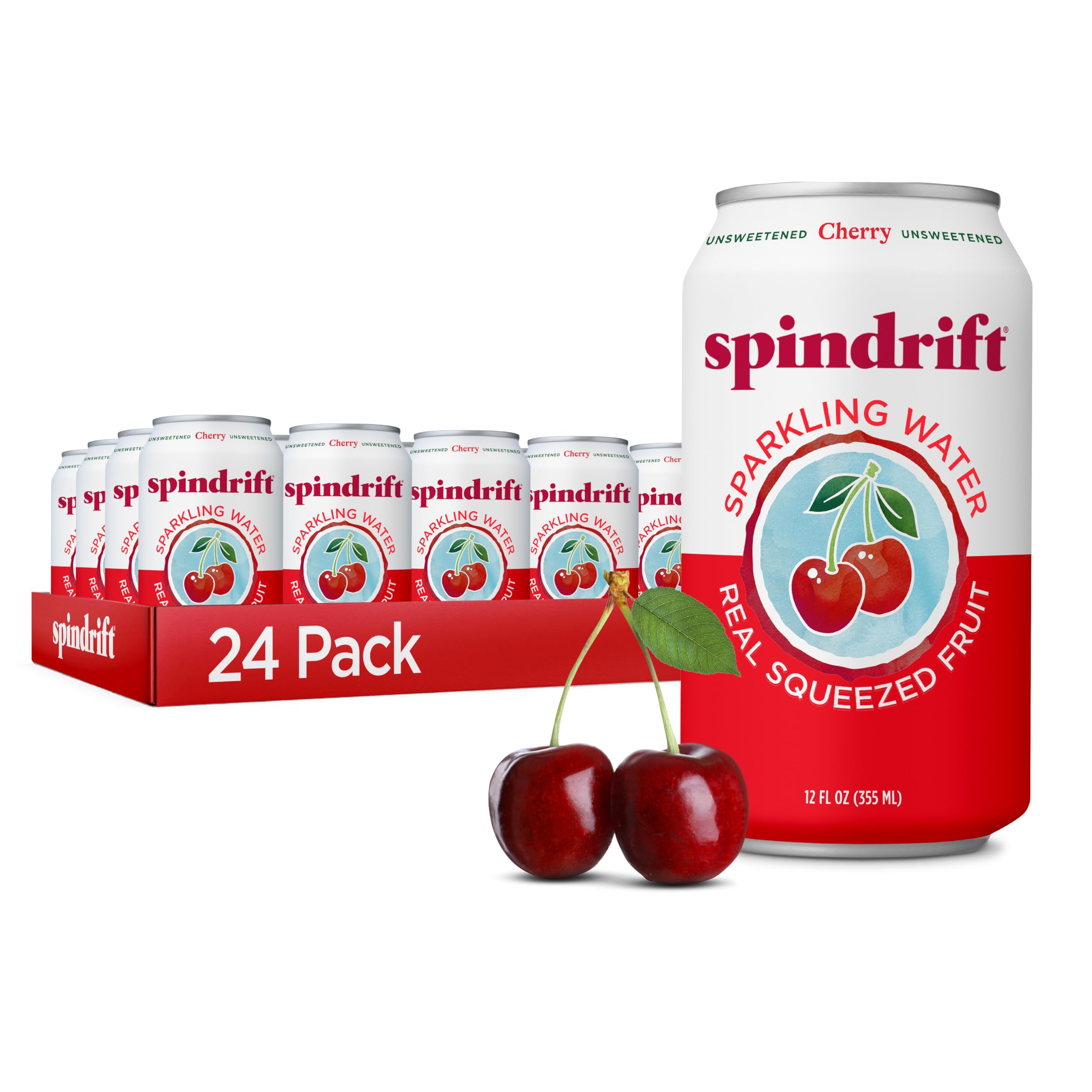 Spindrift can front packaging showing cherry flavor and real fruit benefit
