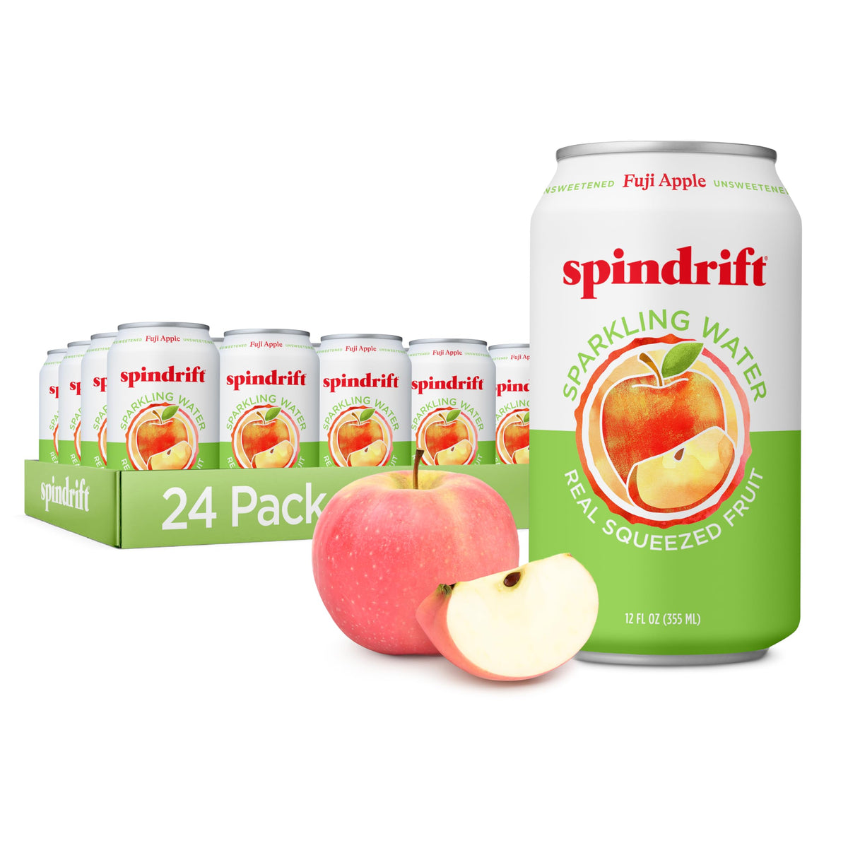 Spindrift Fuji Apple front packaging showing 24-pack and real fruit benefit