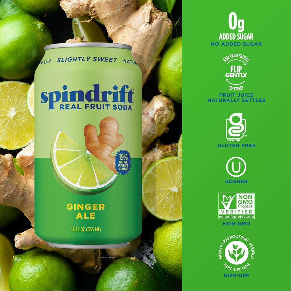 Hand holding a Spindrift ginger ale can showing true size and portability
