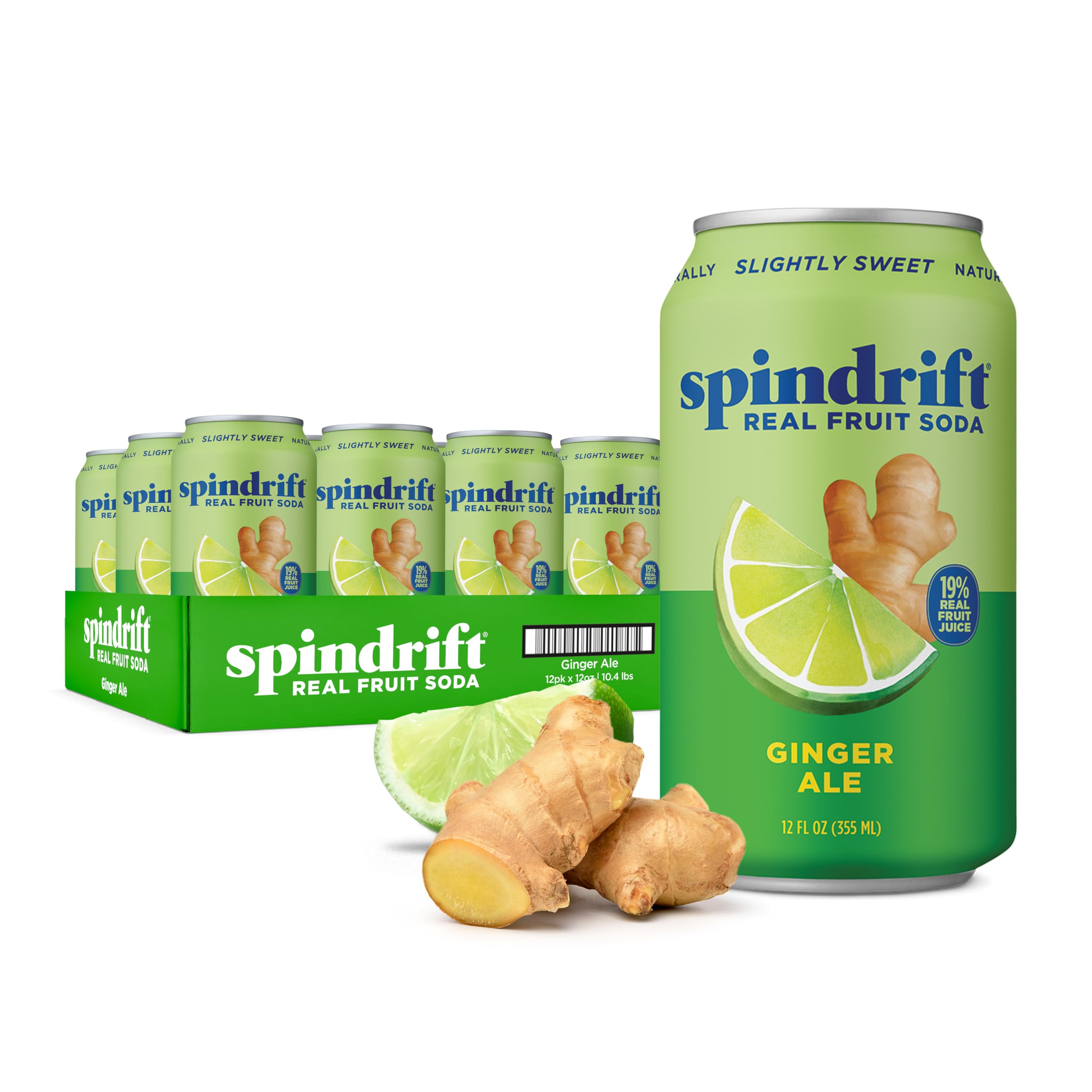 Spindrift ginger ale can front view showing bright label and real-fruit appeal