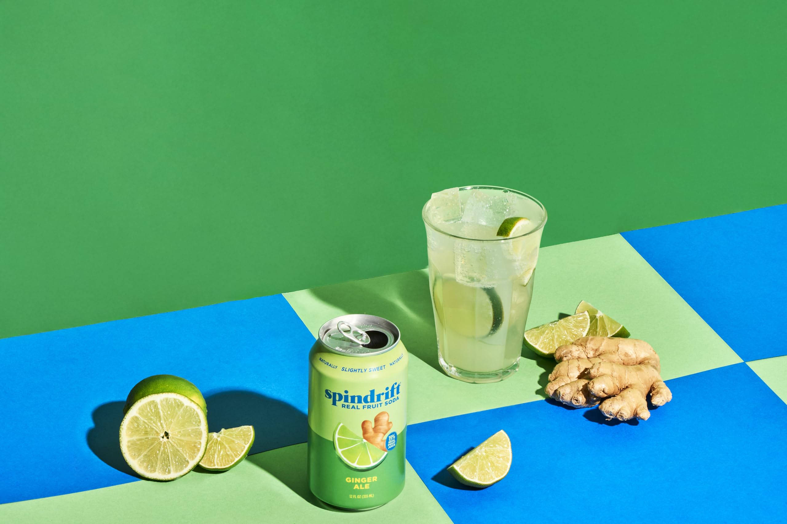 Spindrift ginger ale cans styled on a kitchen counter for everyday use