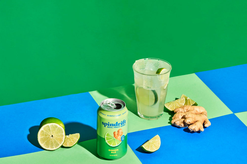 Spindrift ginger ale cans styled on a kitchen counter for everyday use