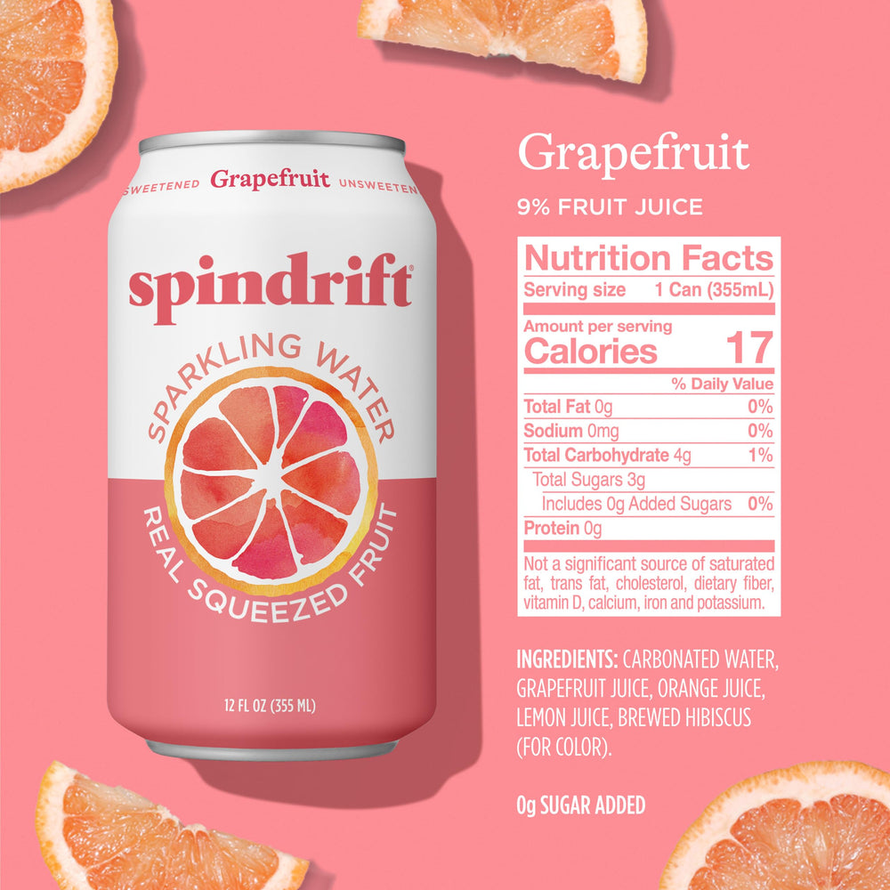 Spindrift 24-pack of grapefruit cans stacked for convenient bulk supply