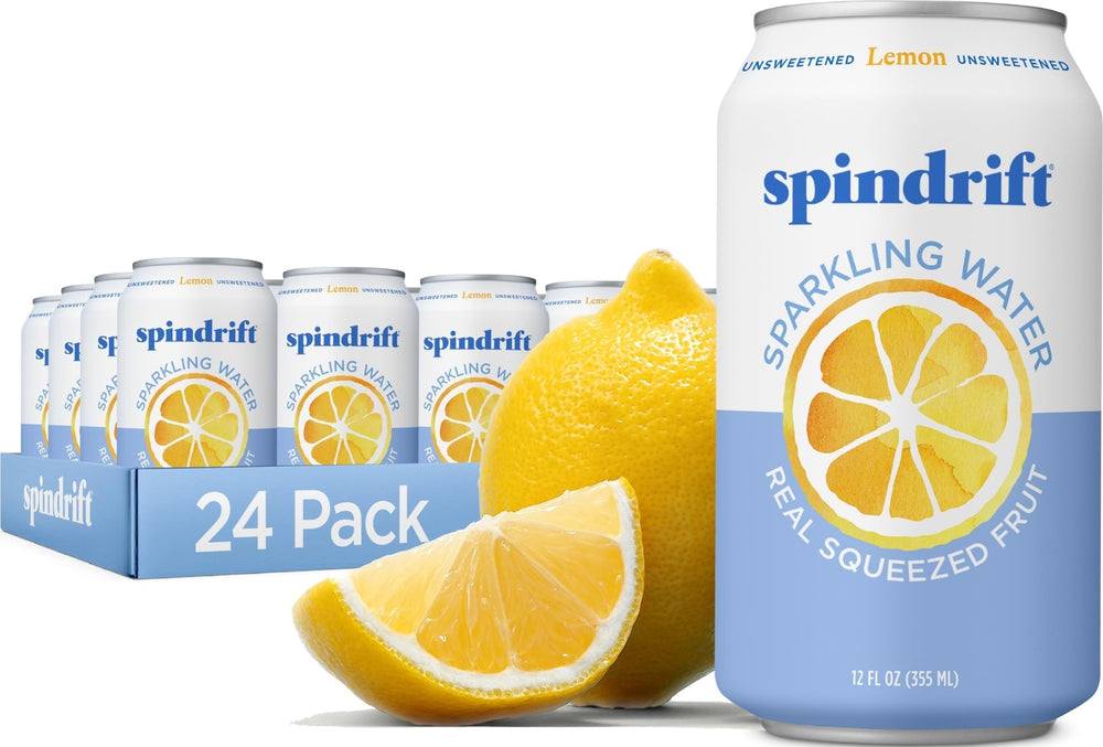 Spindrift lemon front packaging showing bright cans and natural appeal