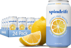 Spindrift lemon front packaging showing bright cans and natural appeal