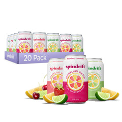 Spindrift front packaging showing three lemonade cans and fresh fruit, bright appeal