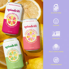 Spindrift can pouring into glass over ice, demonstrating refreshing chill and clarity