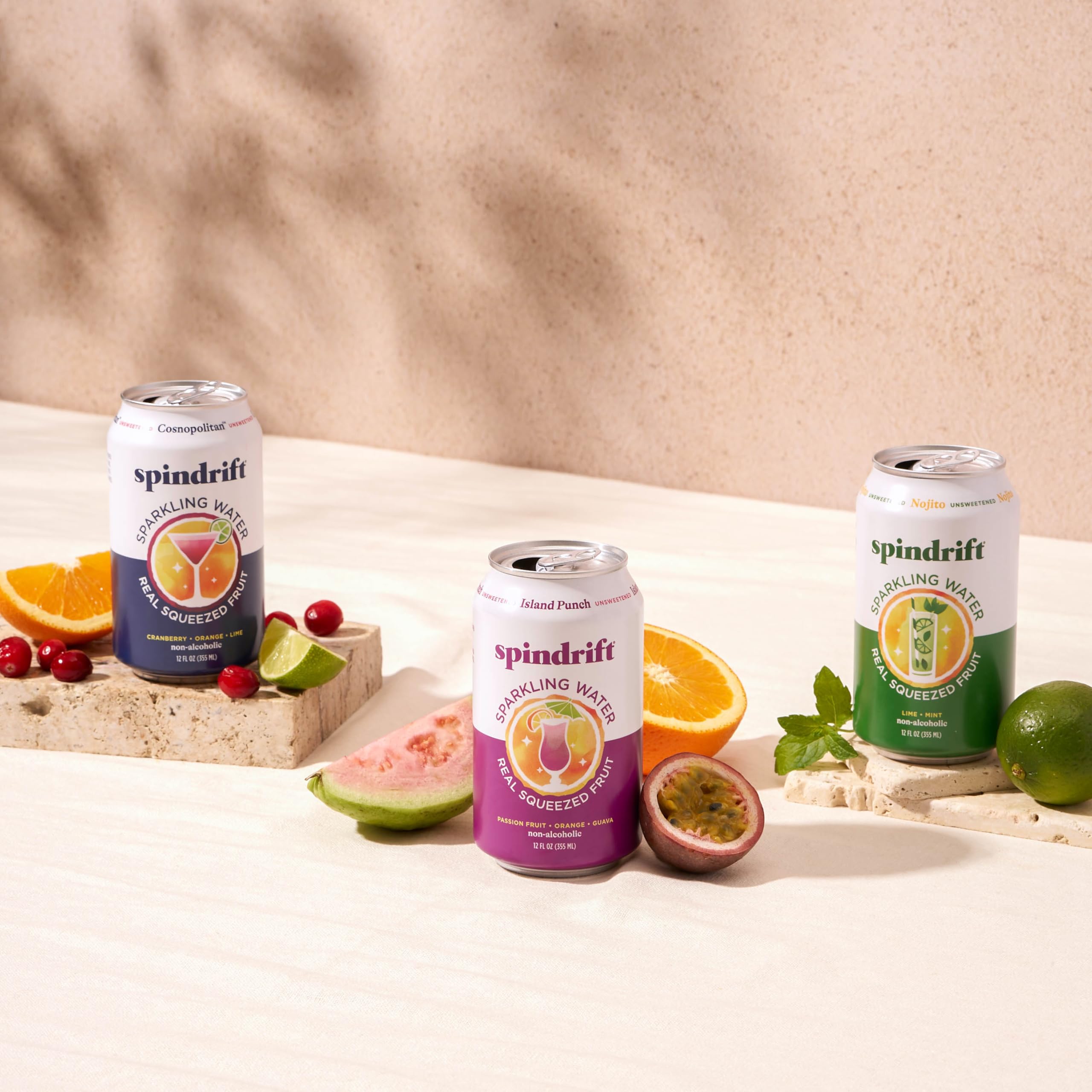 Lineup of Spindrift mocktail flavors showing variety and benefit mix-and-match options
