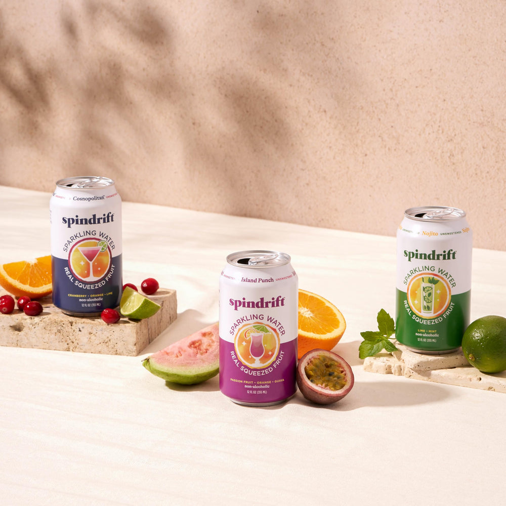 Lineup of Spindrift mocktail flavors showing variety and benefit mix-and-match options
