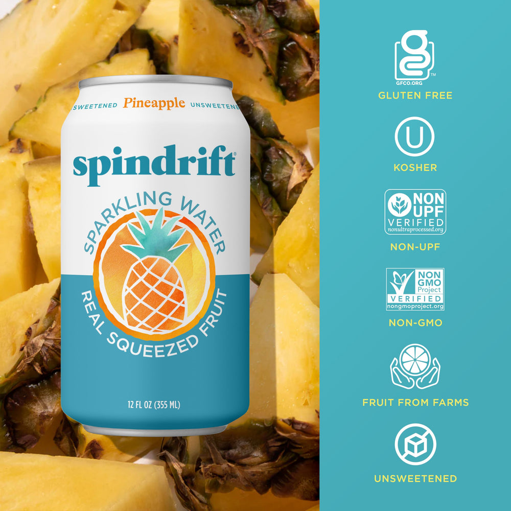Spindrift pineapple can opening and pouring to show easy serve