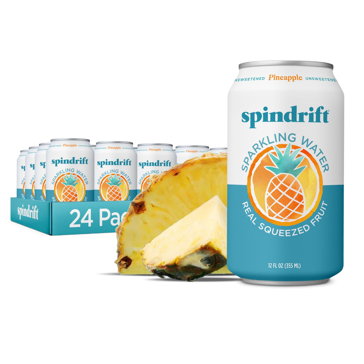 Spindrift pineapple front can showing label and real fruit benefit