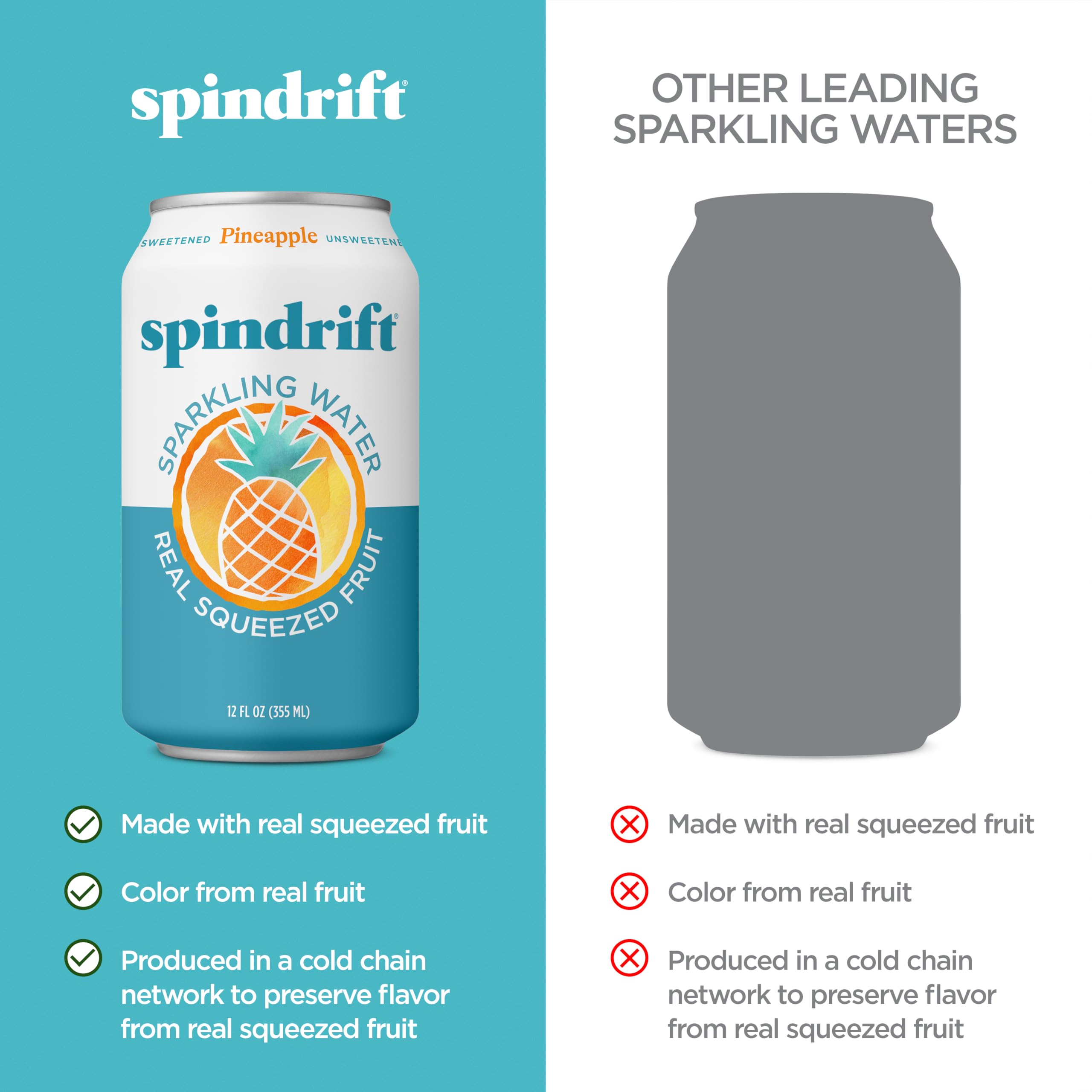 Pineapple juice drop on Spindrift can illustrating real squeezed fruit