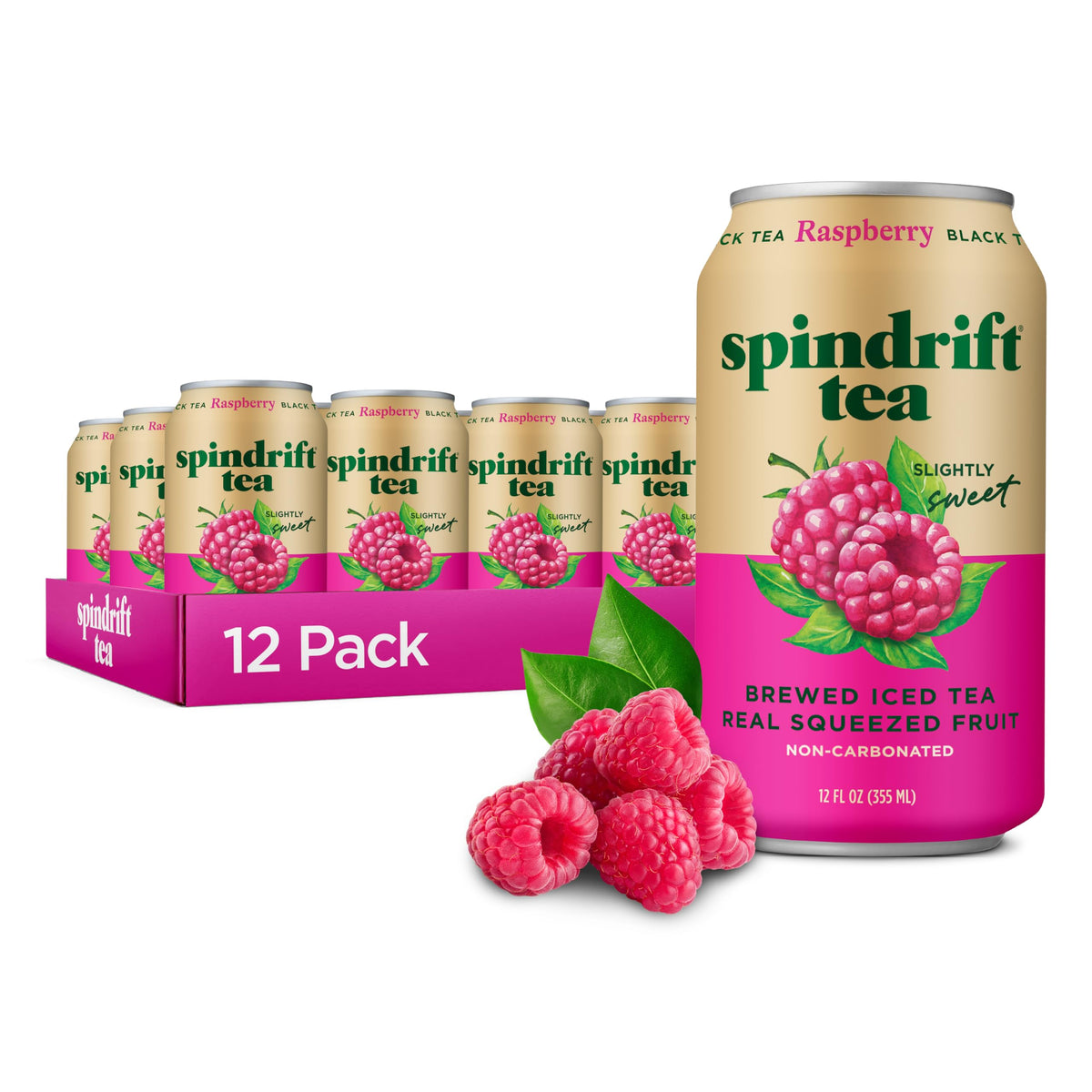 Spindrift can front view showing raspberries and black tea, vibrant refreshment