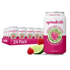 Spindrift front can showing Raspberry Lime flavor and crisp look, tastes like real fruit