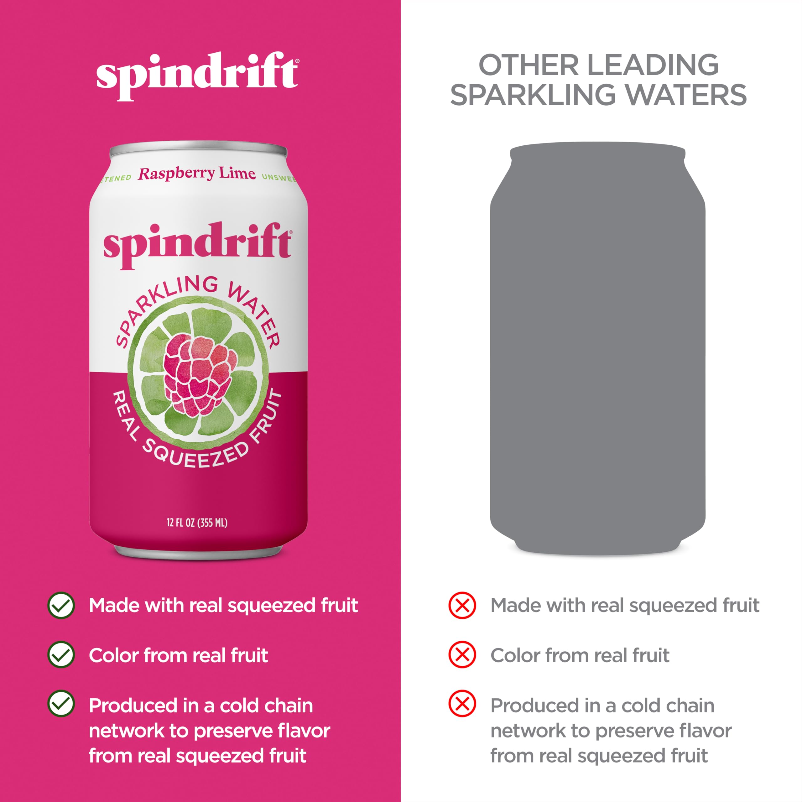 Detailed view of Spindrift can label, clearly states real squeezed fruit ingredients