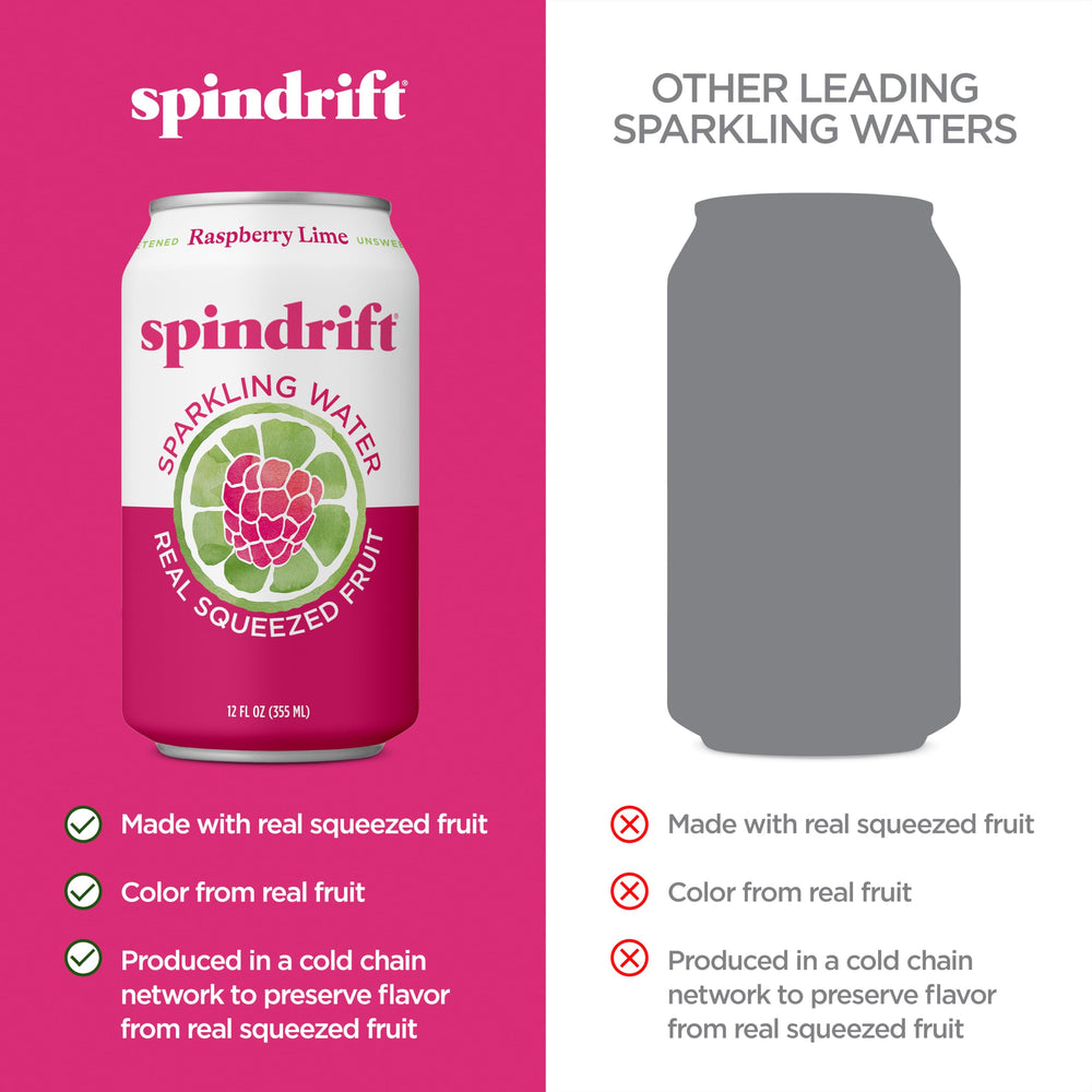 Detailed view of Spindrift can label, clearly states real squeezed fruit ingredients