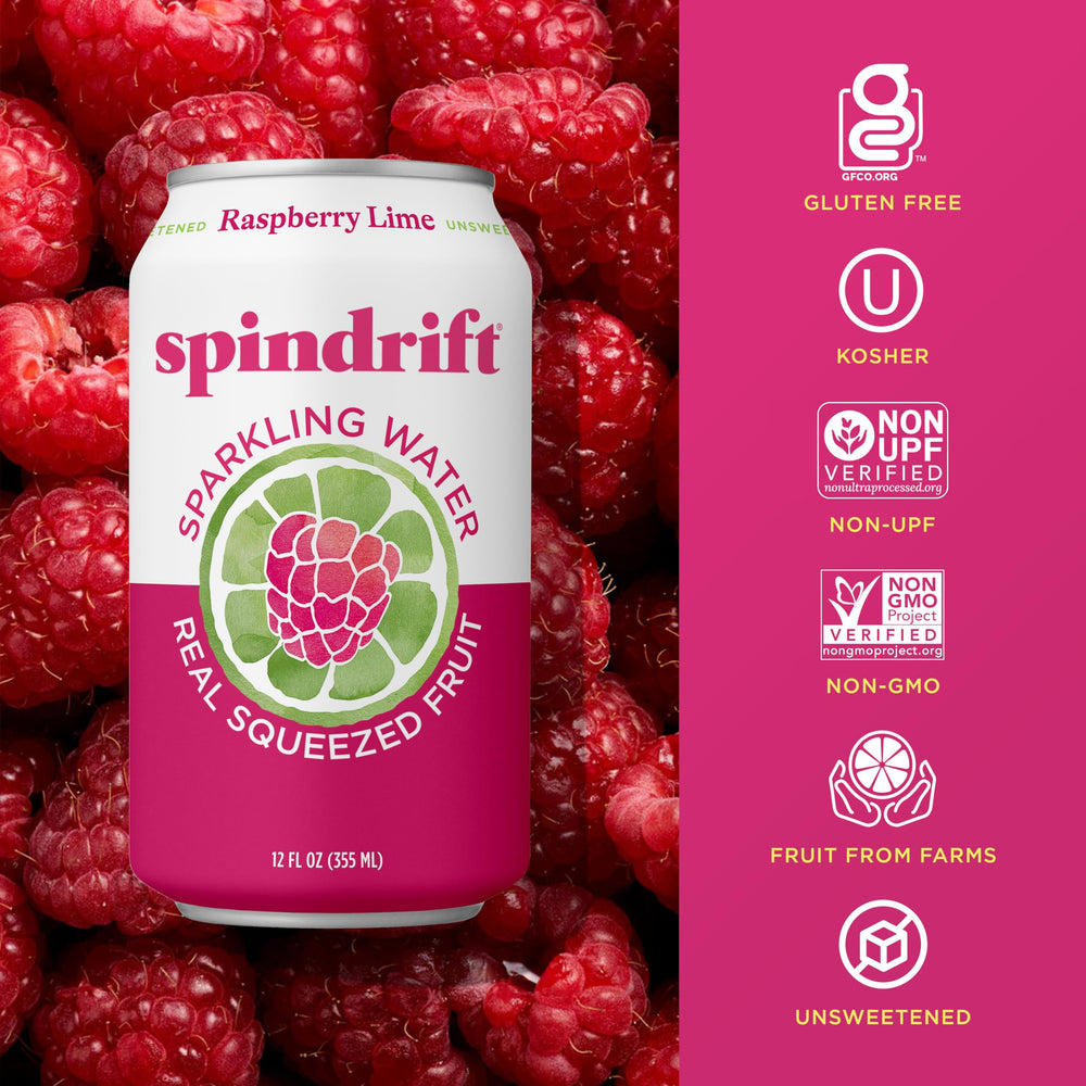 Spindrift Raspberry Lime pouring over ice, refreshing chilled beverage option