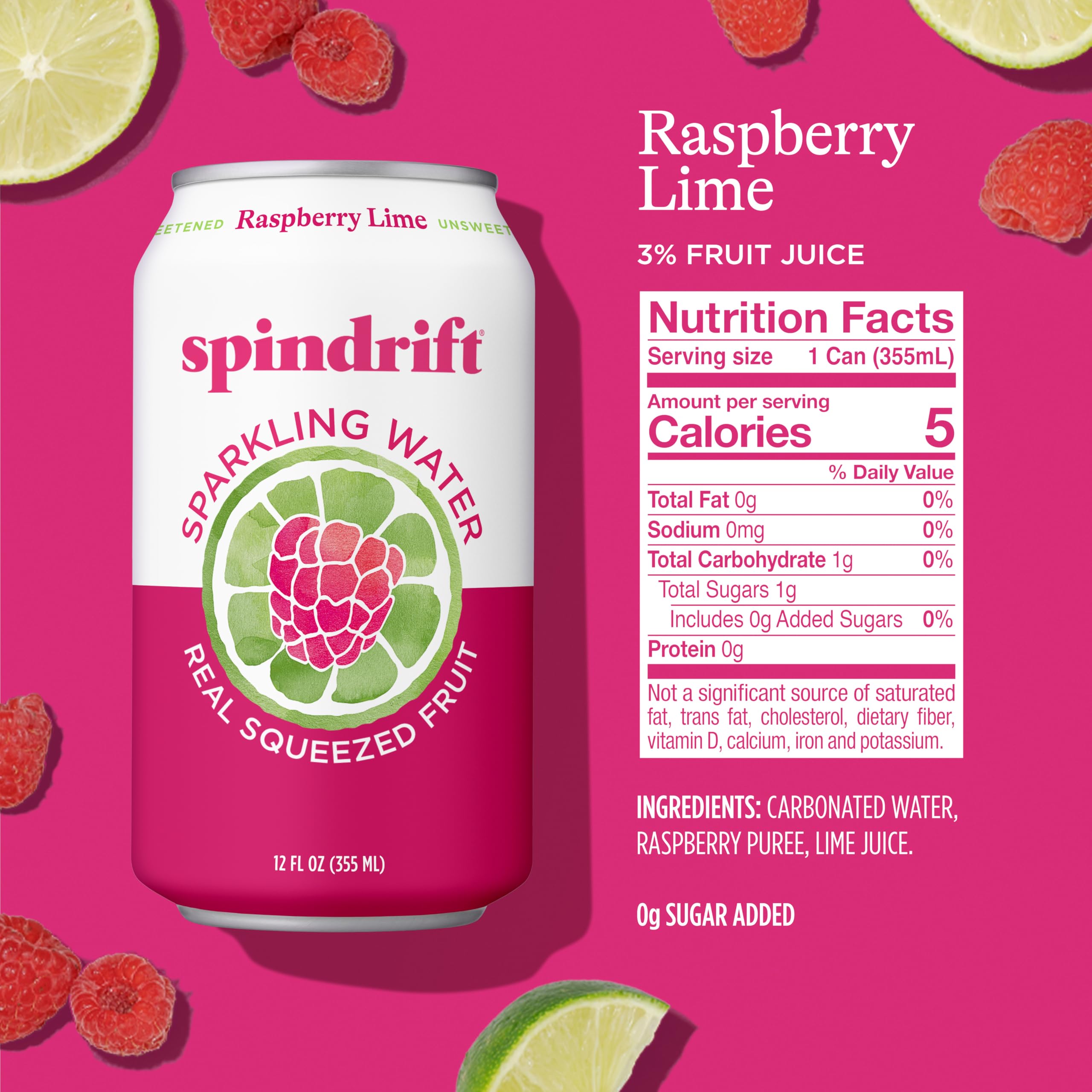 Row of Spindrift cans lined up, Raspberry Lime variety ready for gatherings