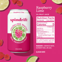 Row of Spindrift cans lined up, Raspberry Lime variety ready for gatherings