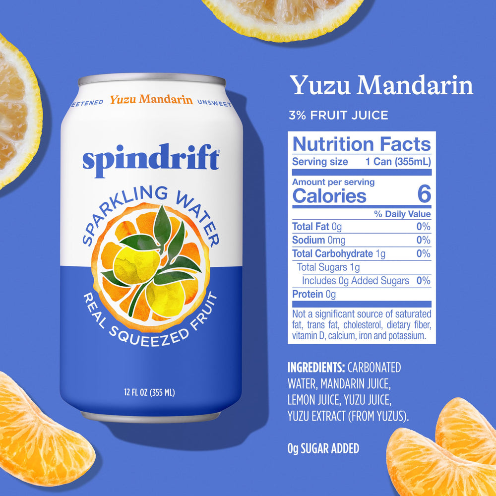 Spindrift can close-up showing label and bright citrus design for visual appeal