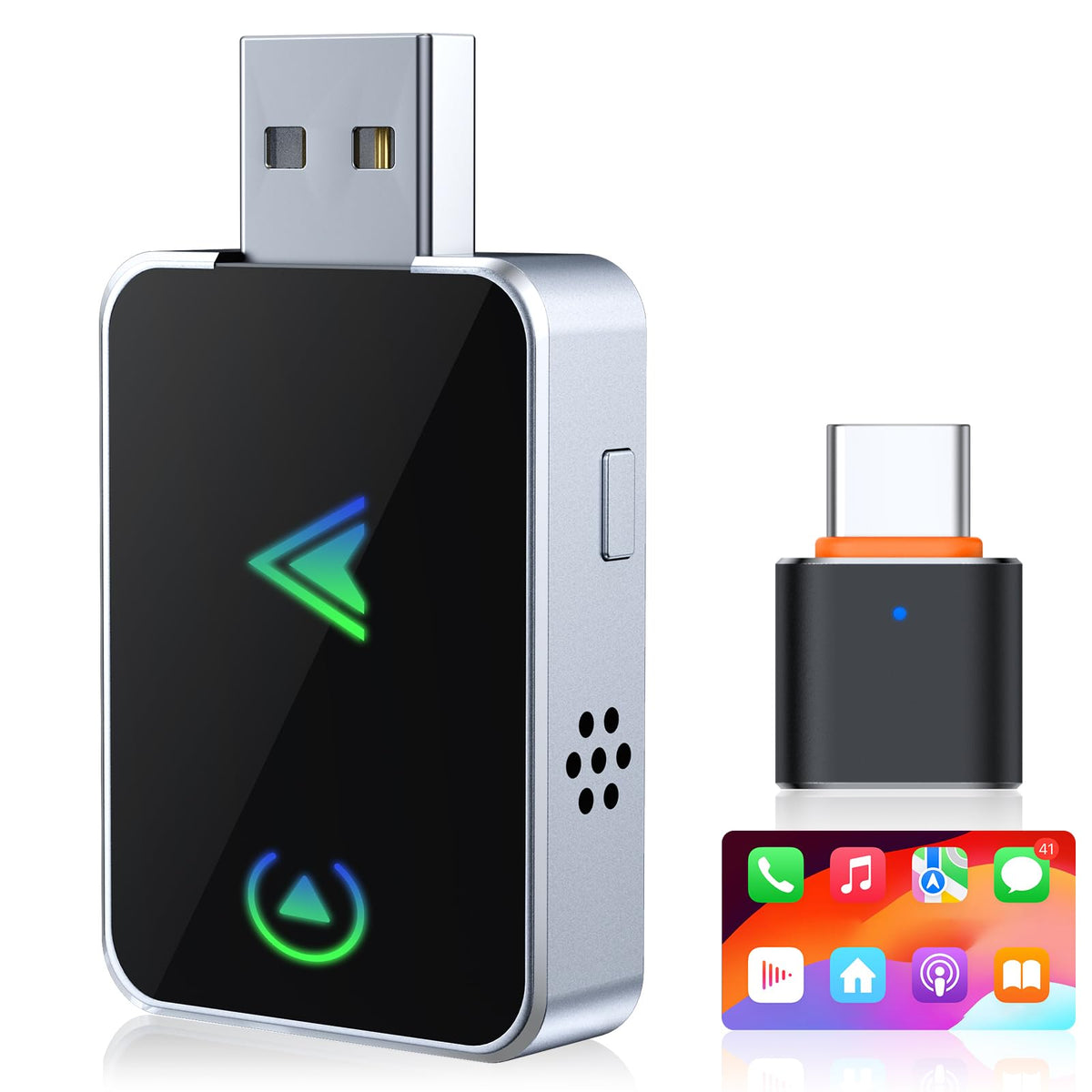 SPIRITIME front view of wireless CarPlay adapter showing compact design and easy plug-in benefit