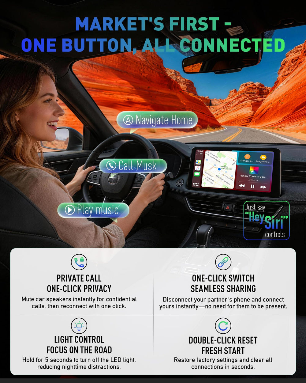 SPIRITIME adapter plugged into car USB by infotainment screen delivering cable-free convenience