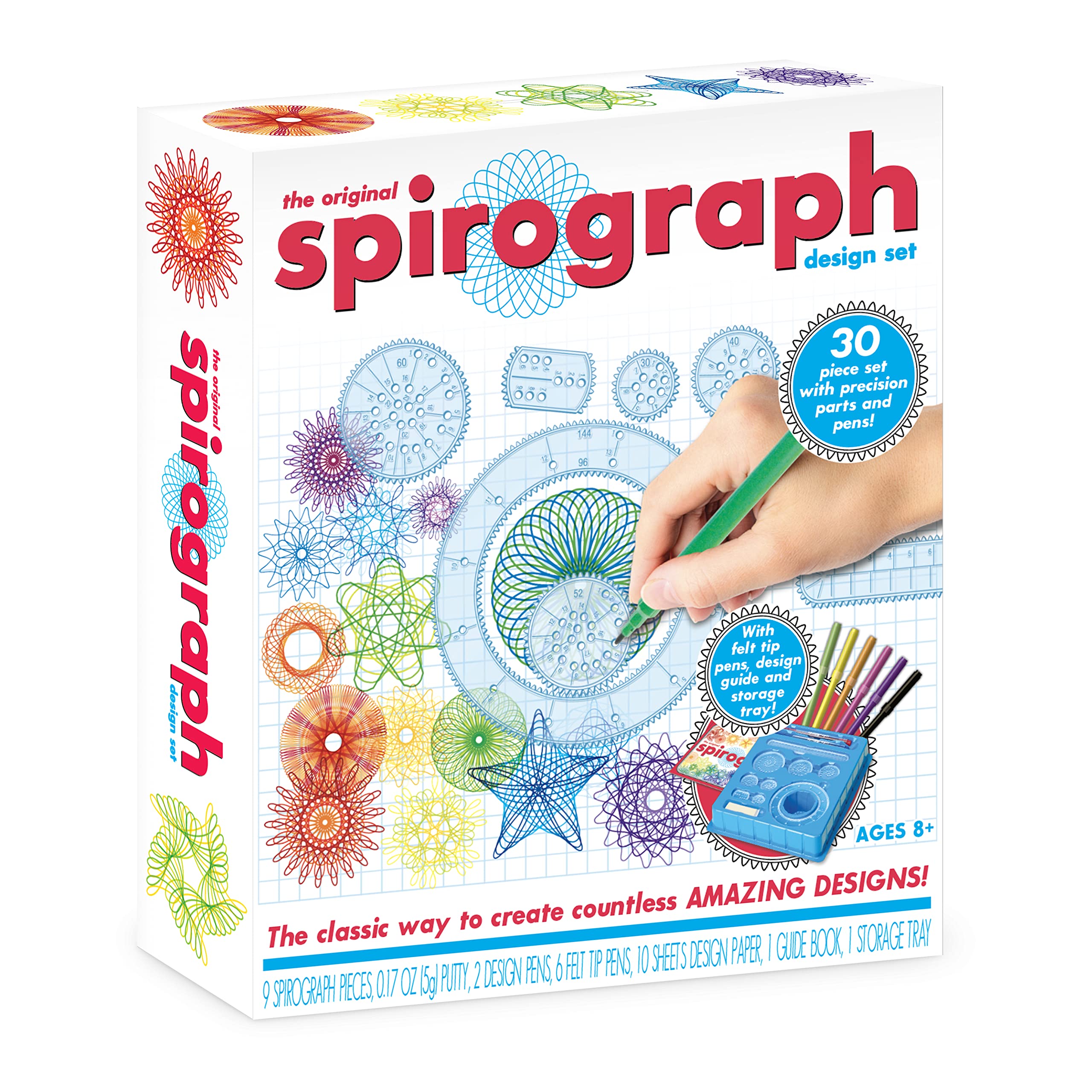Spirograph front packaging showing kit contents and features for easy selection