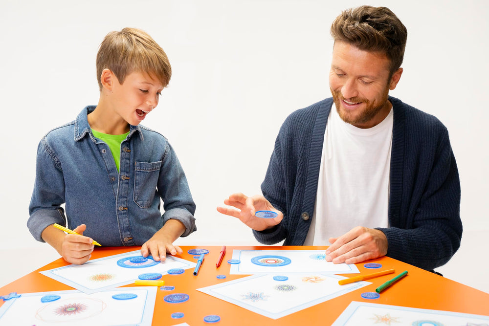 Spirograph lifestyle crafting scene with family making geometric art together