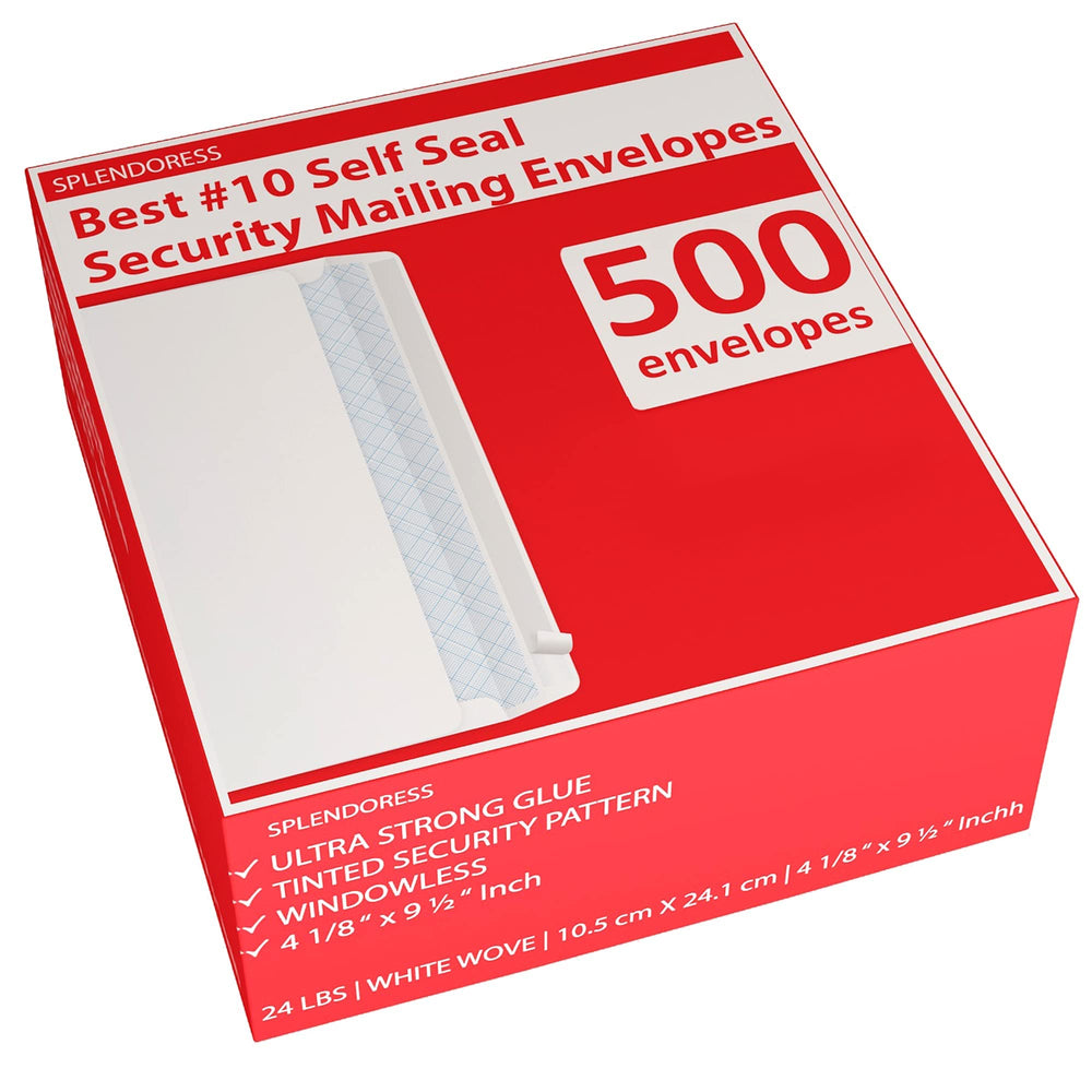 Splendoress front packaging of 500 envelopes showing count and size, reliable supply