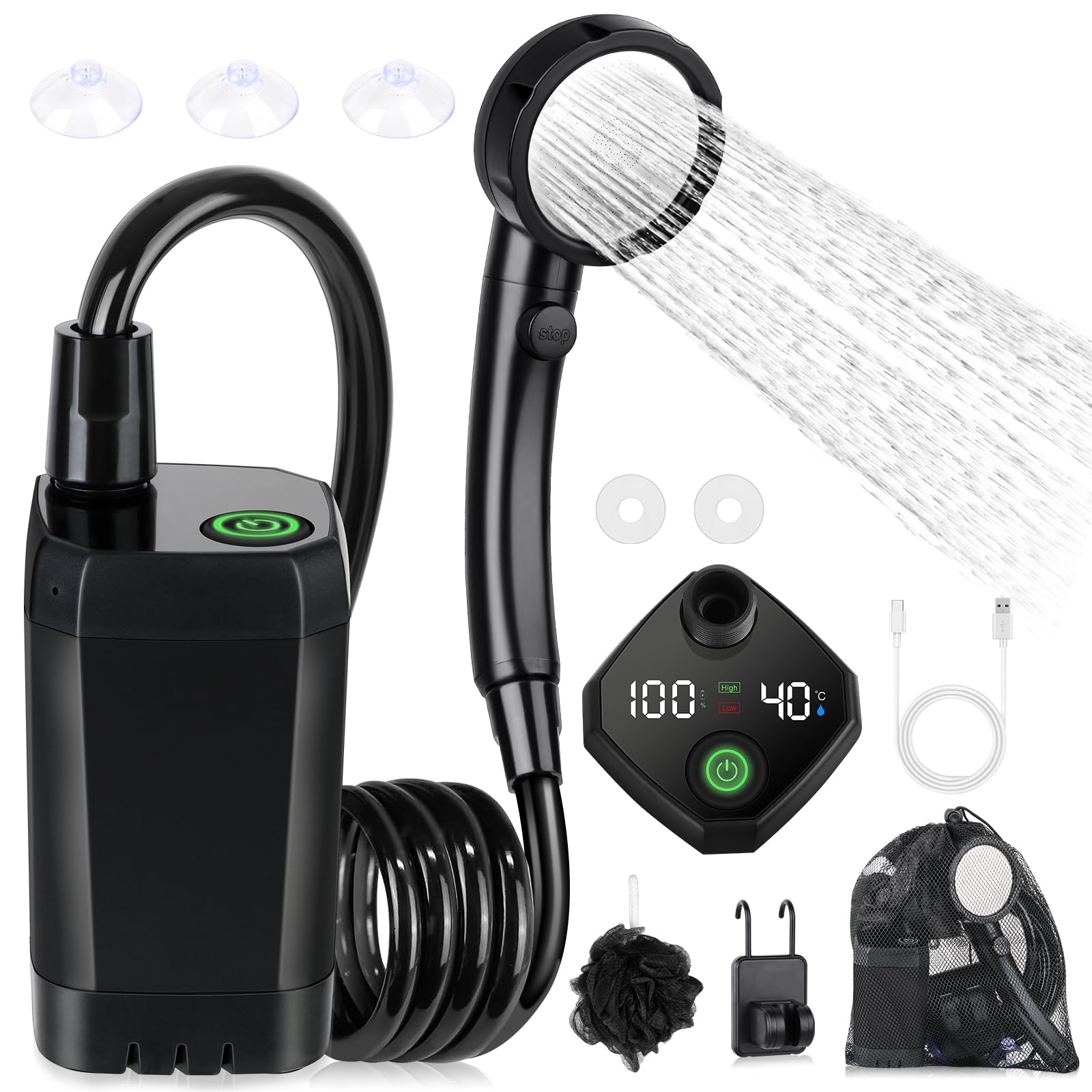 Spopal portable shower front view showing compact body and handheld head benefit: easy transport