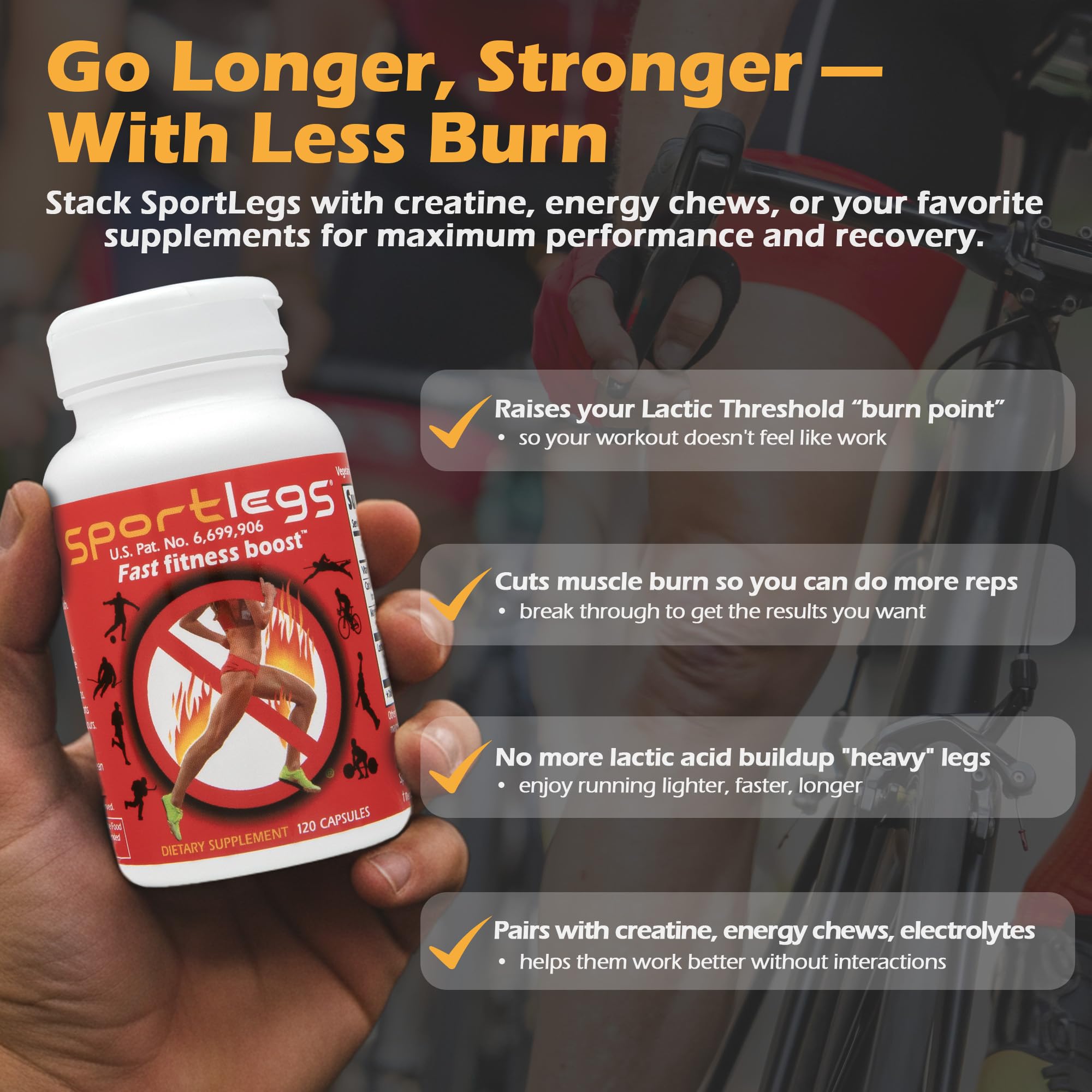 SPORTLEGS capsules in hand demonstrating dose guidance and simple pre-activity routine