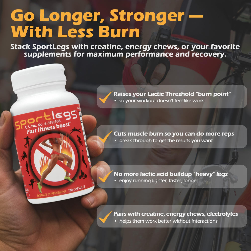 SPORTLEGS capsules in hand demonstrating dose guidance and simple pre-activity routine