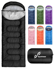Sportneer front view showing full sleeping bag and benefit of roomy comfort