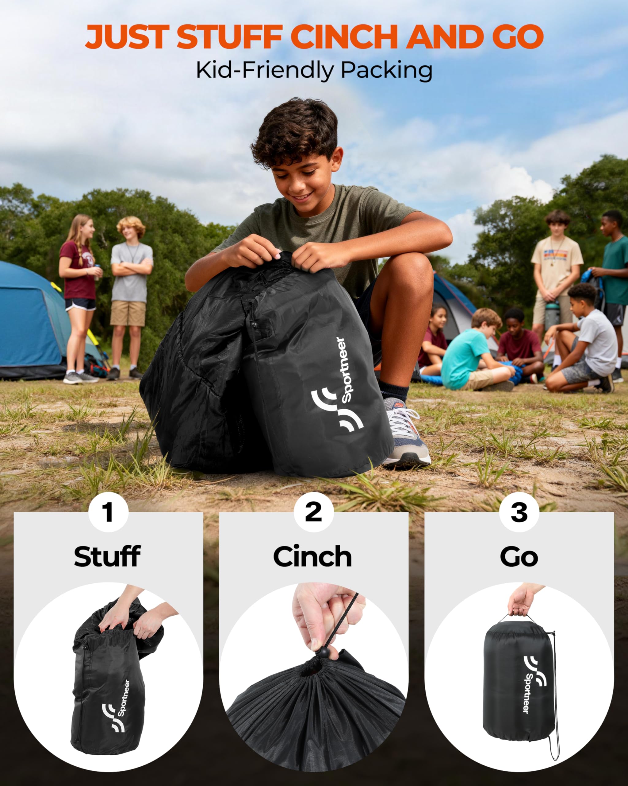 Sportneer in use at family campsite showing practical outdoor comfort