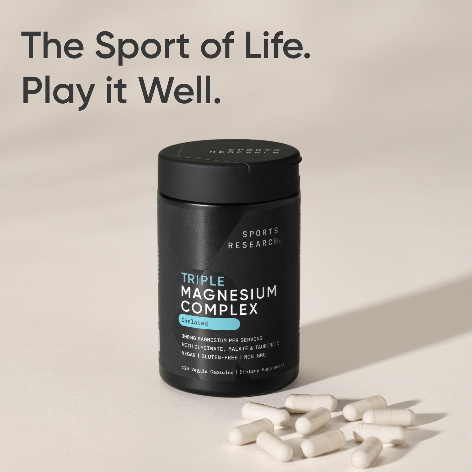 Sports Research split capsule exposing powdered chelated magnesium to show active ingredient