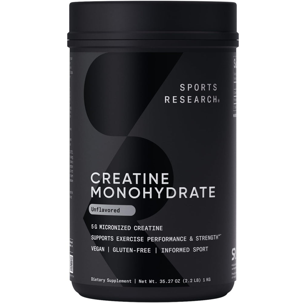 Sports Research creatine front packaging showing label and servings for clear choice