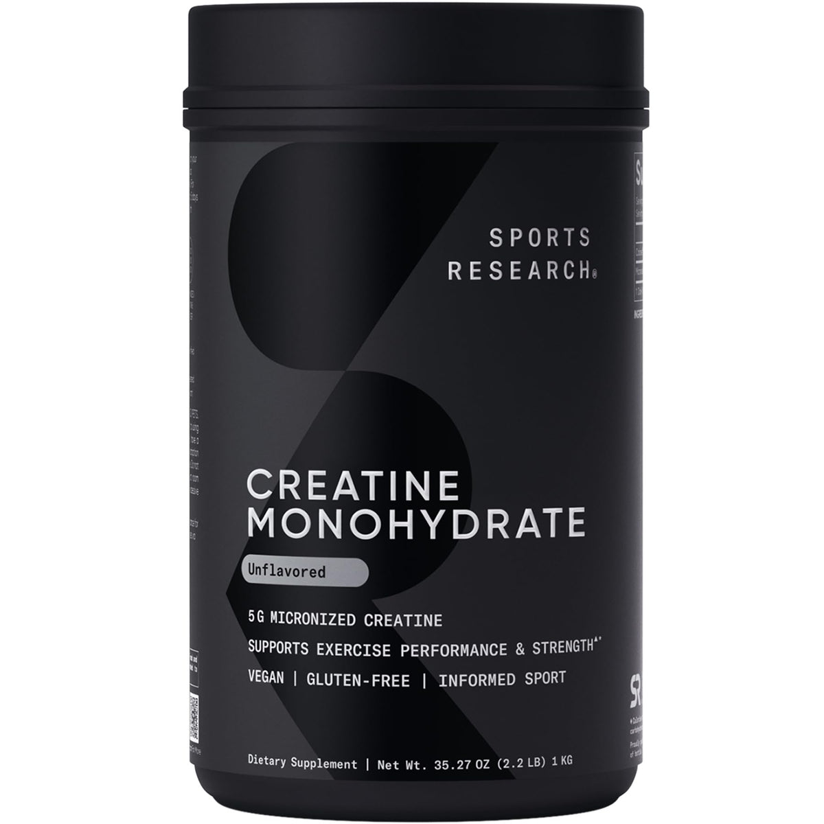 Sports Research creatine front packaging showing label and servings for clear choice