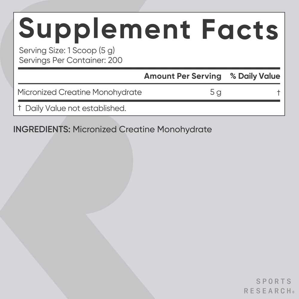 Sports Research creatine nutrition label close-up showing certifications and ingredient clarity