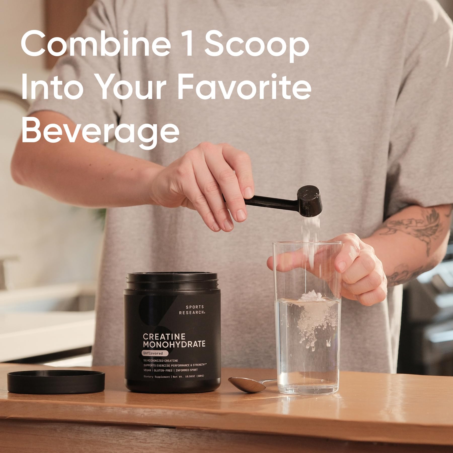 Sports Research creatine scoop with 5g portion demonstrating consistent measurement benefit