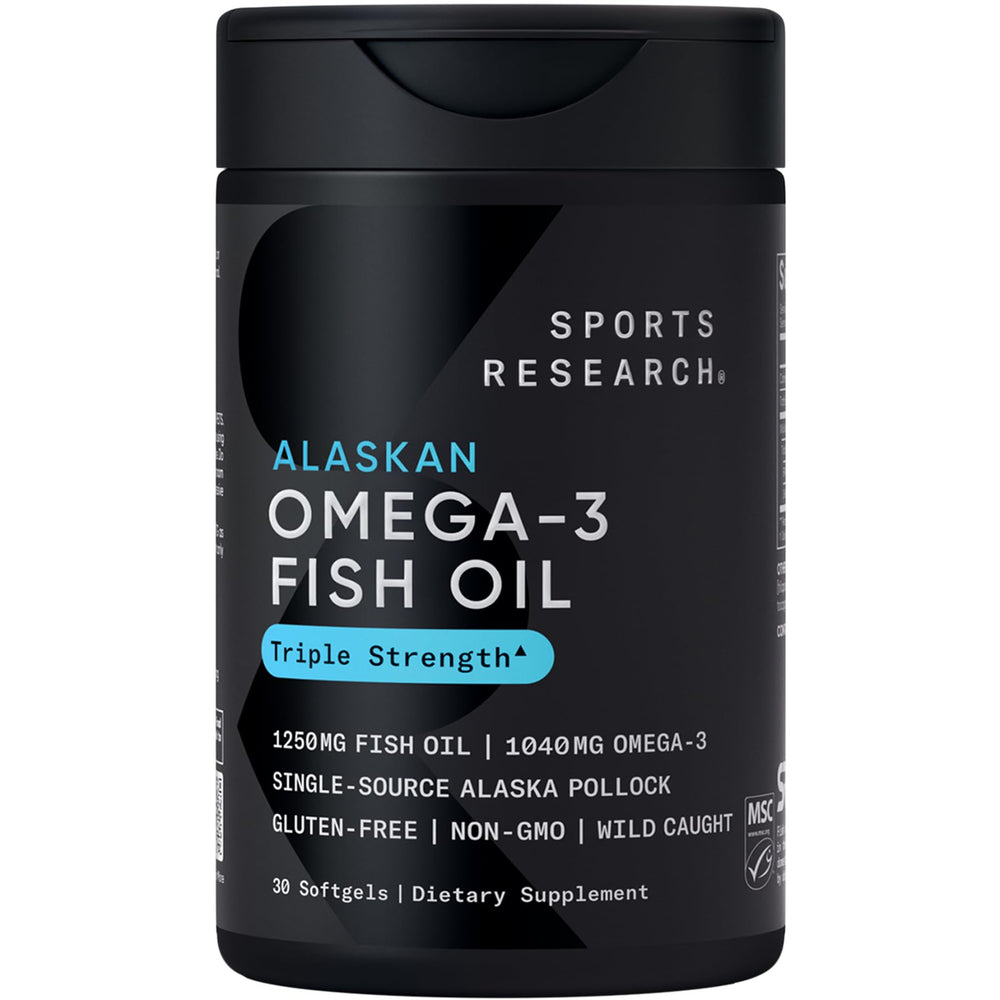 Sports Research front packaging showing omega-3 benefits and softgel count