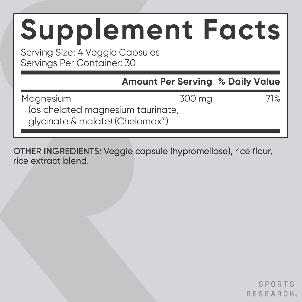Sports Research ingredient label close-up calling out glycinate, malate, taurinate blend benefits