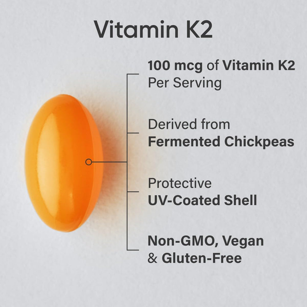Close-up of Sports Research K2 softgels highlighting smooth veggie capsule for simple swallowing
